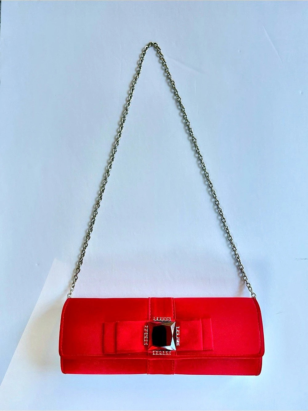 Crimson Red Satin Holiday Bow Rhinestone Evening Clutch - Detachable Chain Strap